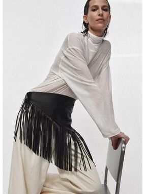 Zara Black Leather Fringe Waist Belt